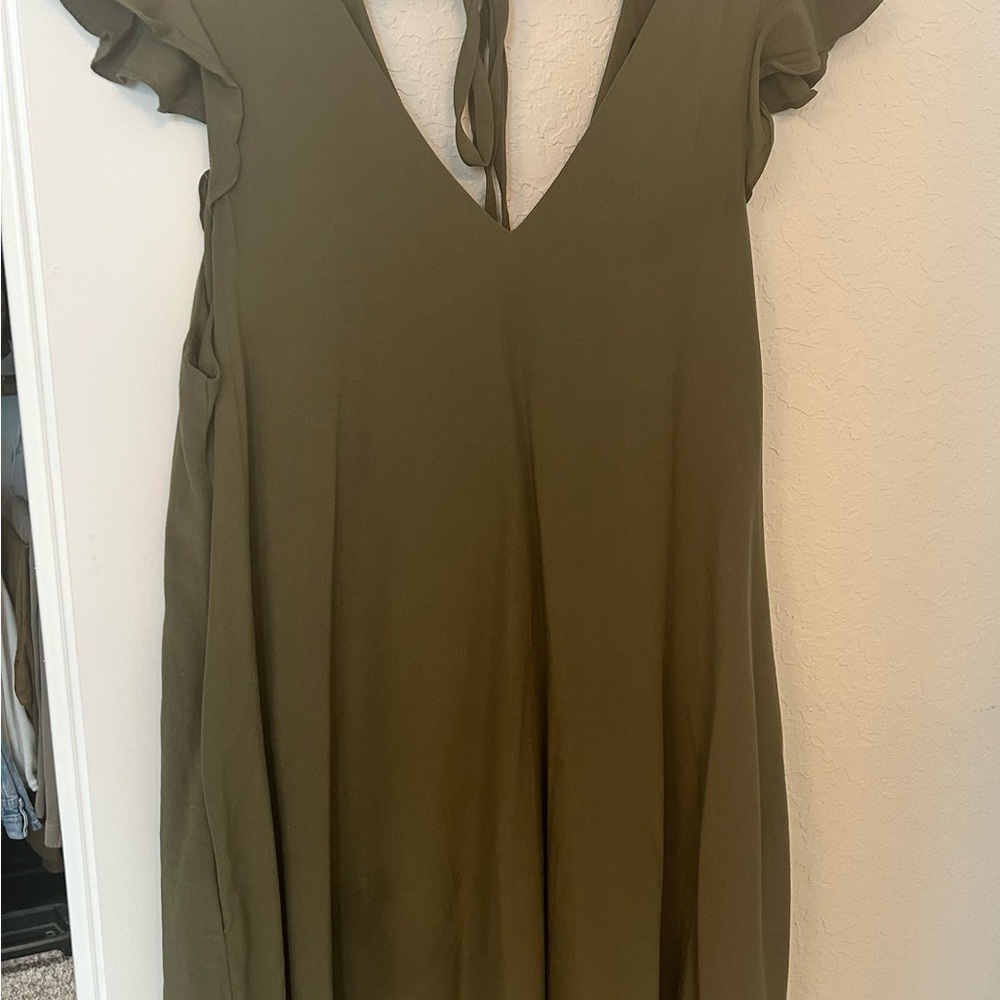 Olive Green Ruffle Sleeve Dress